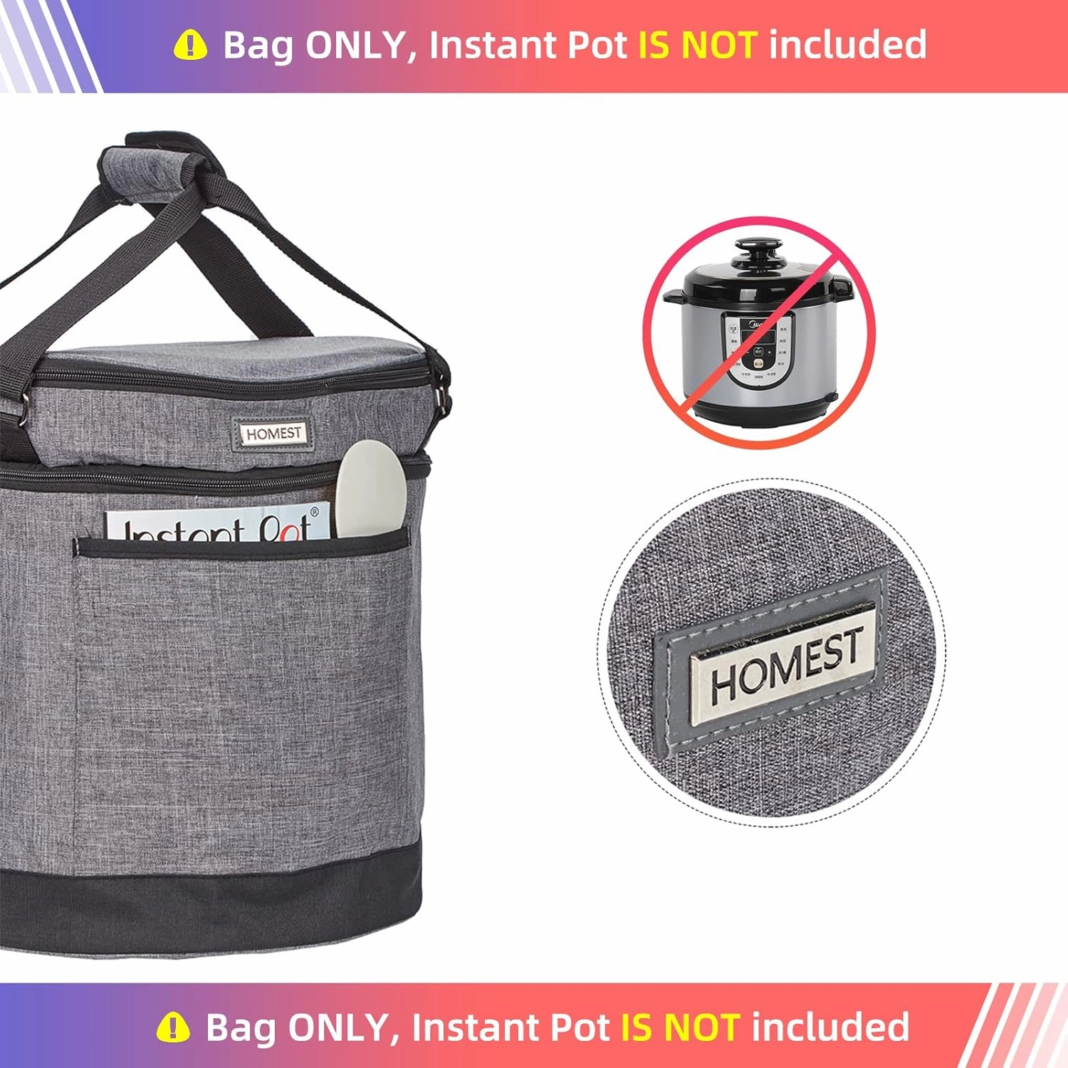HOMEST 2 Compartments Carry Bag for 6 Quart Instant Pot, Pressure Cooker Travel Tote Have Accessory Pockets for Spoon, Measuring Cup, Steam Rack, Insulated Carrier with Easy to Clean Lining, Gray