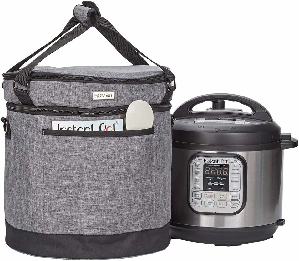 HOMEST 2 Compartments Carry Bag for 6 Quart Instant Pot, Pressure Cooker Travel Tote Have Accessory Pockets for Spoon, Measuring Cup, Steam Rack, Insulated Carrier with Easy to Clean Lining, Gray