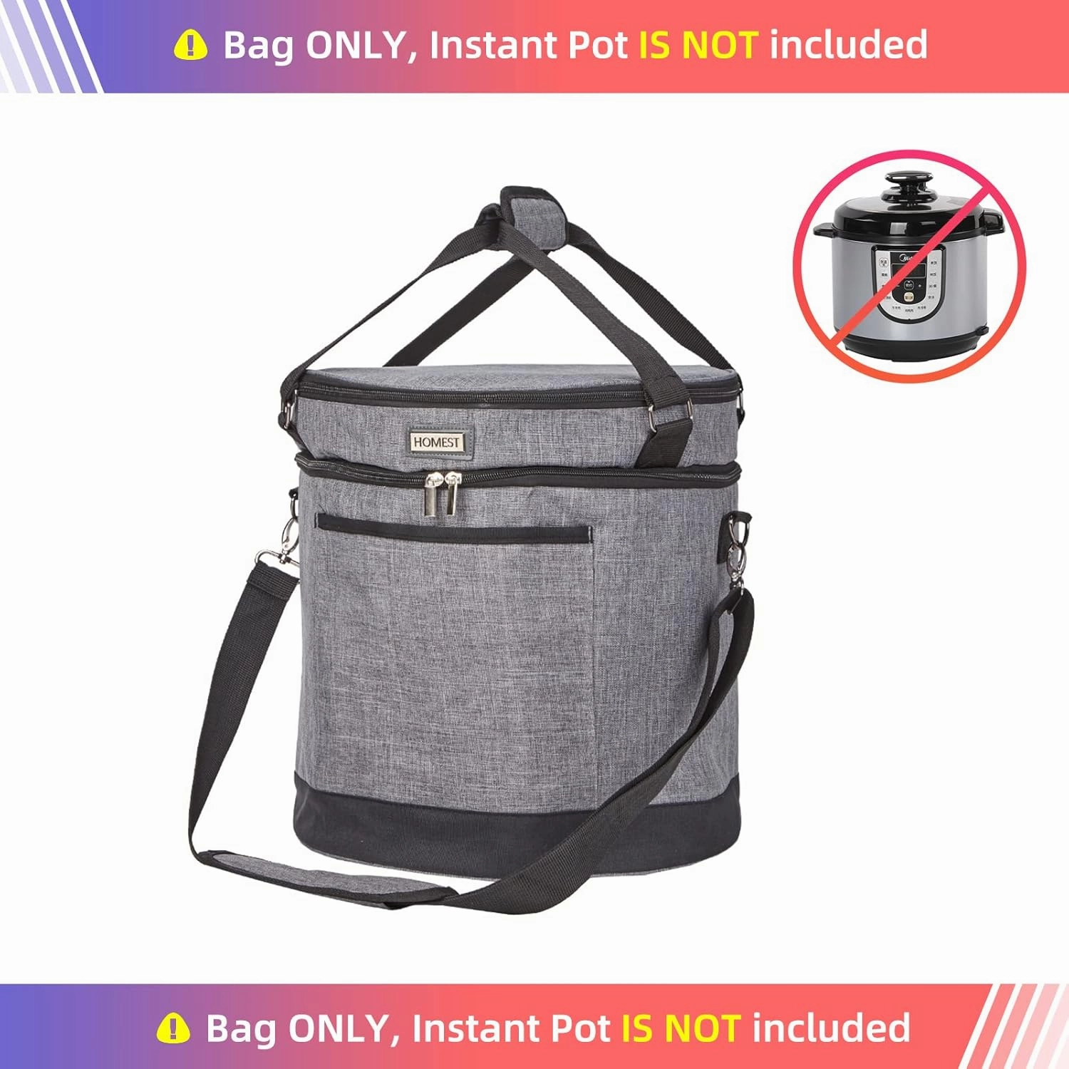 HOMEST 2 Compartments Carry Bag for 6 Quart Instant Pot, Pressure Cooker Travel Tote Have Accessory Pockets for Spoon, Measuring Cup, Steam Rack, Insulated Carrier with Easy to Clean Lining, Gray