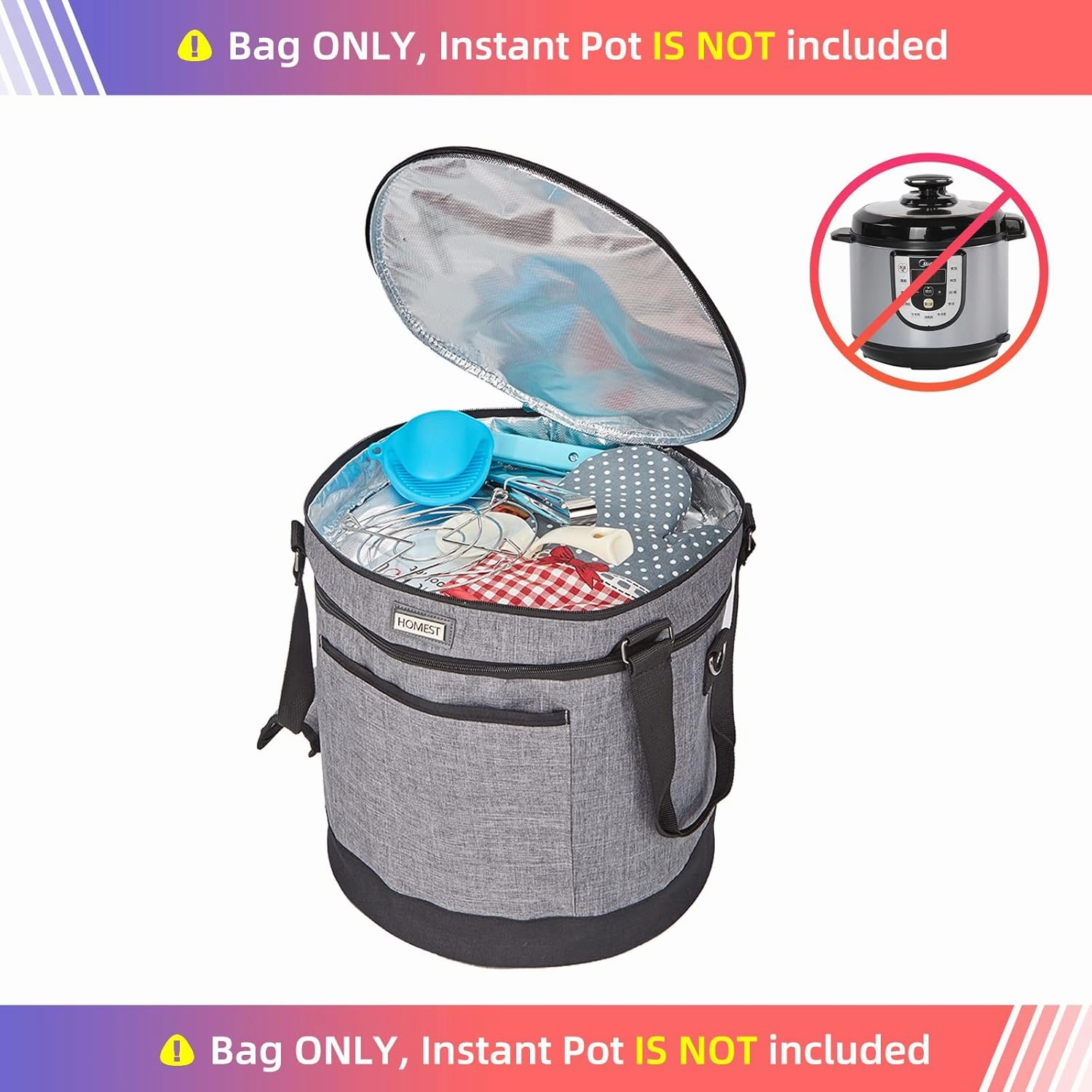 HOMEST 2 Compartments Carry Bag for 6 Quart Instant Pot, Pressure Cooker Travel Tote Have Accessory Pockets for Spoon, Measuring Cup, Steam Rack, Insulated Carrier with Easy to Clean Lining, Gray