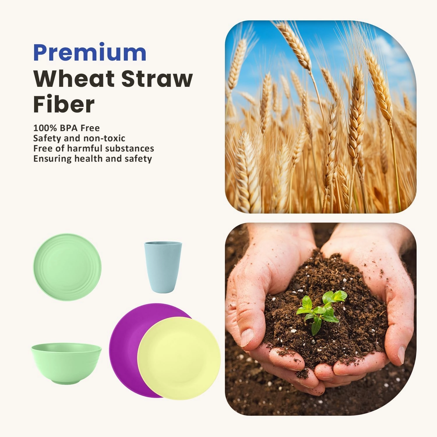 Homienly 40-Piece Kichen Dinnerware Set, Wheat Straw Dinnerware Set, Plates, Bowls, Drinking Cups, Service for 8, Dishwasher & Microwave Safe Dish Set, Unbreakable Plates and Bowls Set - Memphis