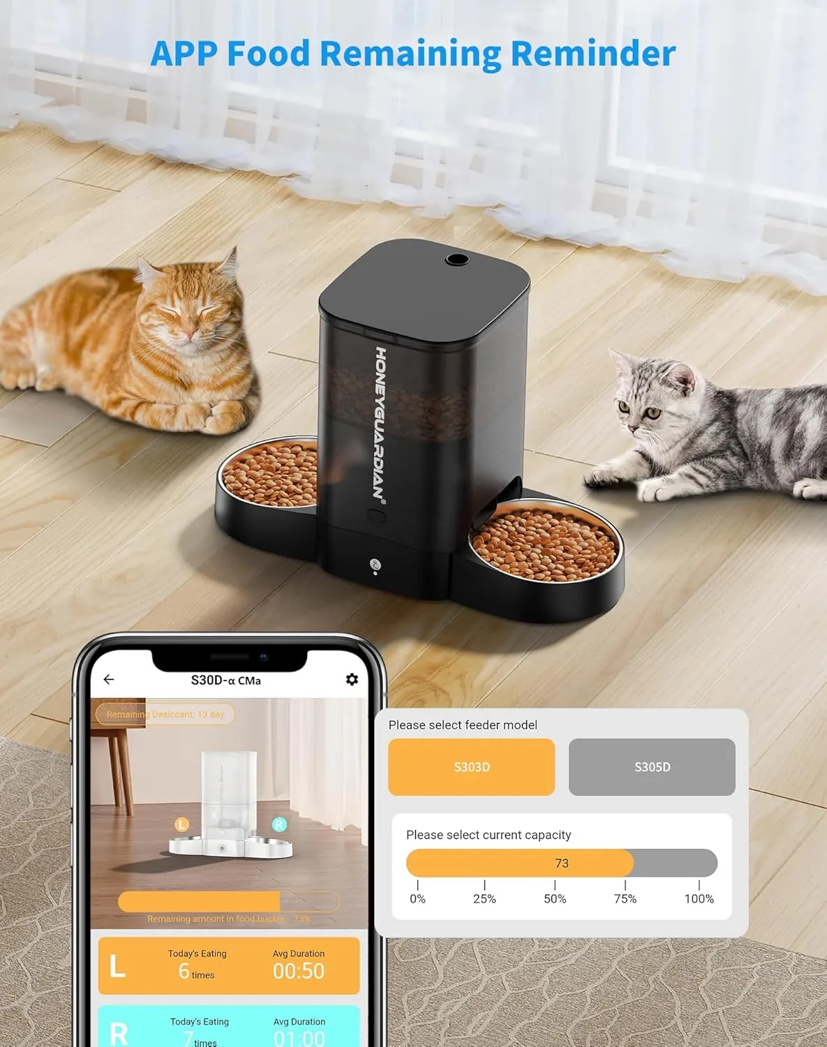 HoneyGuaridan 3.5L Automatic Cat Feeder for Two Cats, 2.4G WiFi Enabled Smart Feed Pet Feeder with Stainless Steel Bowl,APP Control Dispenser, Dual Power Supply,Desiccant Bag,10s Meal Call