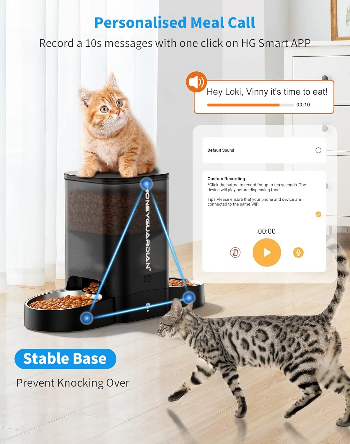 HoneyGuaridan 3.5L Automatic Cat Feeder for Two Cats, 2.4G WiFi Enabled Smart Feed Pet Feeder with Stainless Steel Bowl,APP Control Dispenser, Dual Power Supply,Desiccant Bag,10s Meal Call