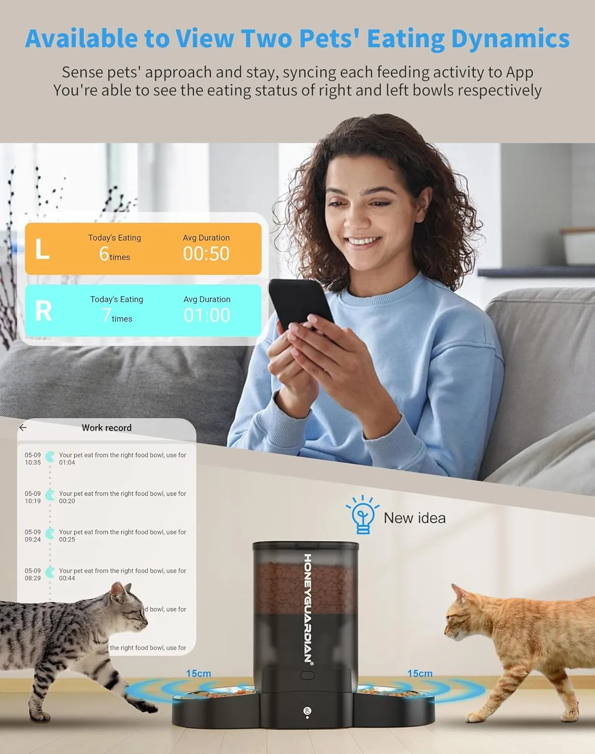 HoneyGuaridan 3.5L Automatic Cat Feeder for Two Cats, 2.4G WiFi Enabled Smart Feed Pet Feeder with Stainless Steel Bowl,APP Control Dispenser, Dual Power Supply,Desiccant Bag,10s Meal Call