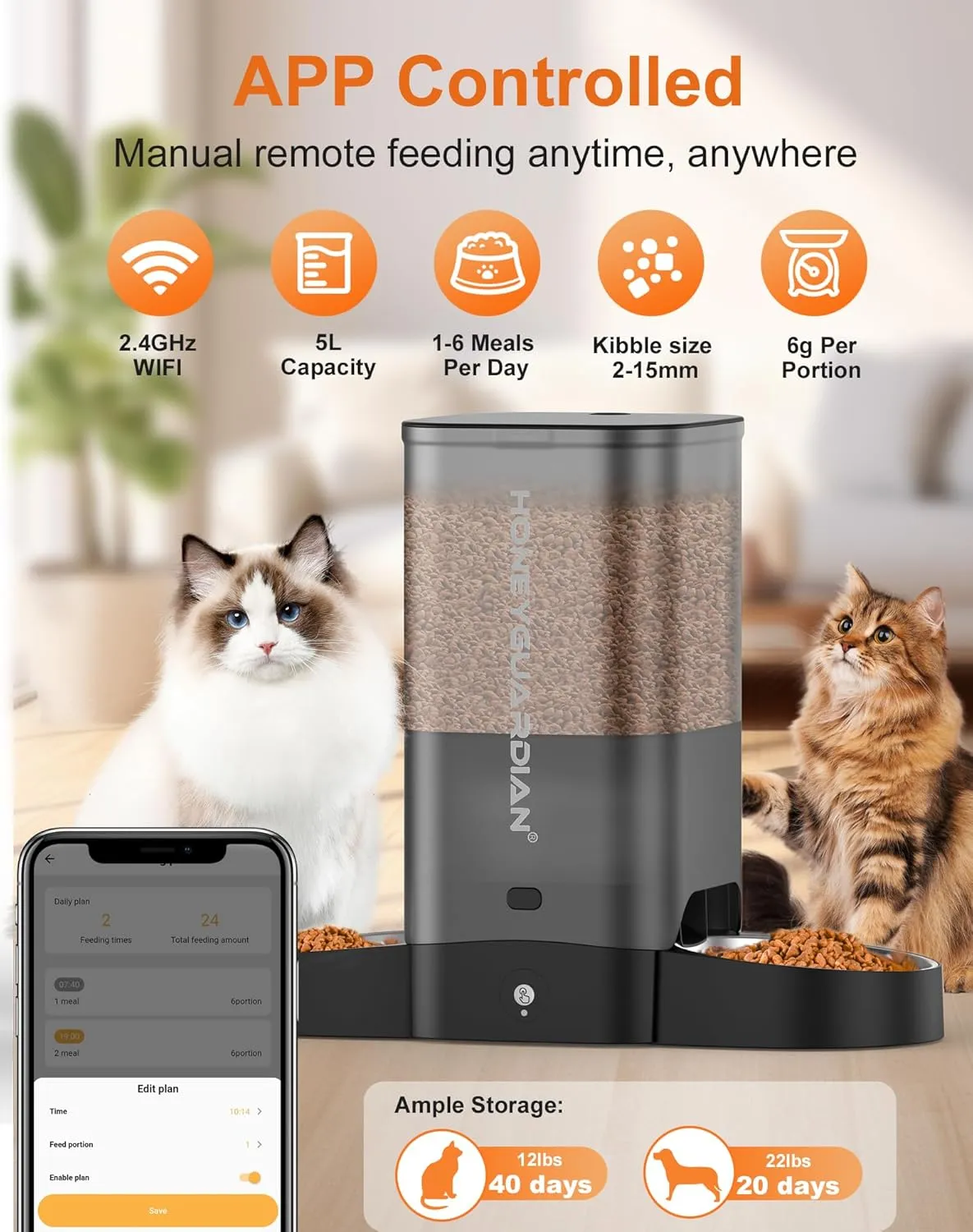 HoneyGuaridan 5L Automatic Cat Feeder for Two Cats, 2.4G WiFi Enabled Smart Feed Pet Feeder with Stainless Steel Bowl,APP Control Dispenser, Dual Power Supply,Desiccant Bag,10s Meal Call