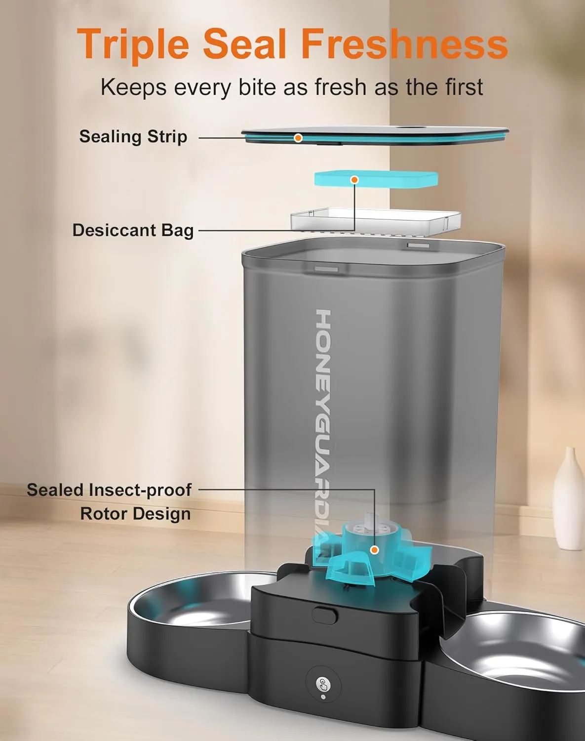 HoneyGuaridan 5L Automatic Cat Feeder for Two Cats, 2.4G WiFi Enabled Smart Feed Pet Feeder with Stainless Steel Bowl,APP Control Dispenser, Dual Power Supply,Desiccant Bag,10s Meal Call