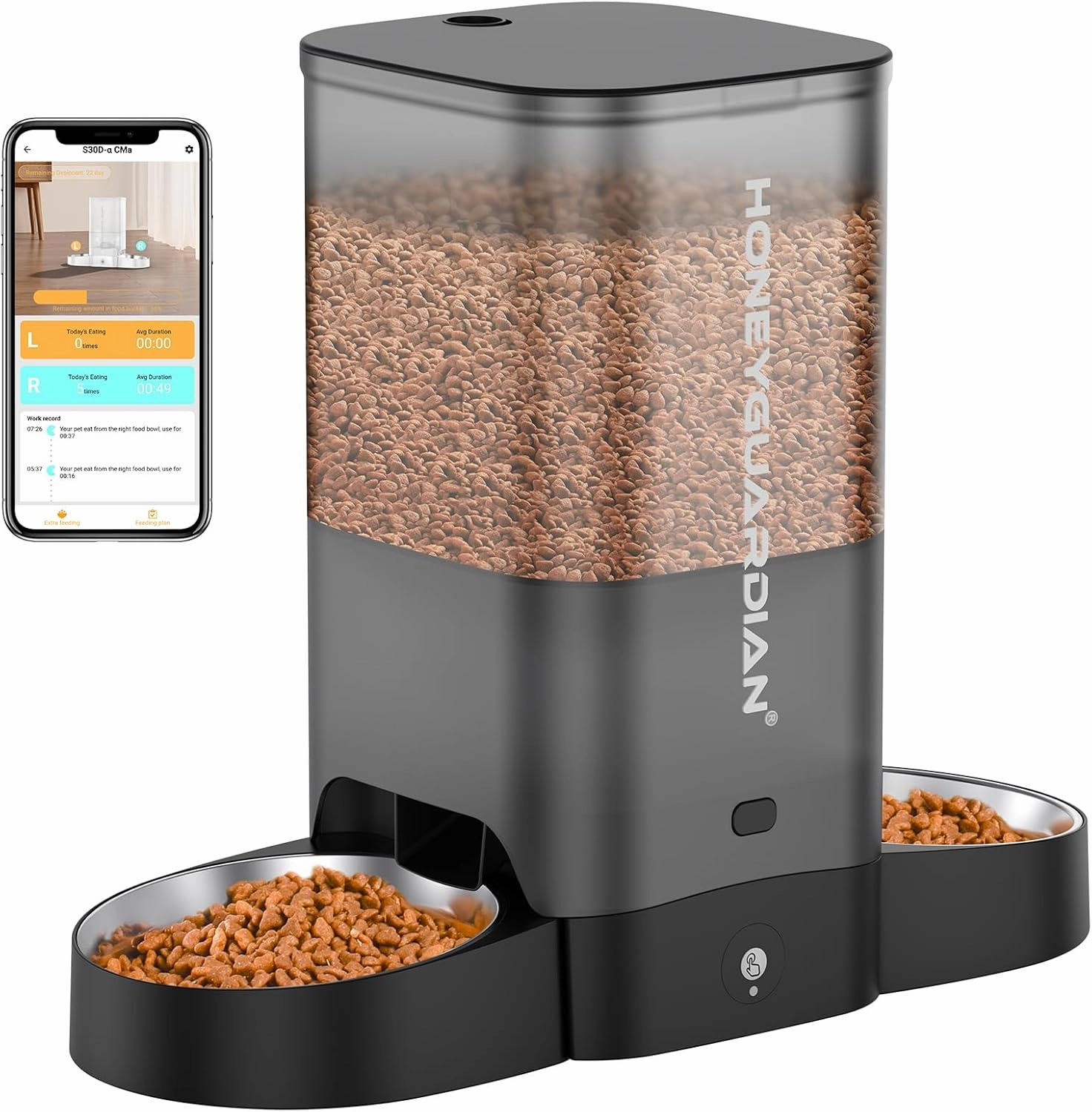 HoneyGuaridan 5L Automatic Cat Feeder for Two Cats, 2.4G WiFi Enabled Smart Feed Pet Feeder with Stainless Steel Bowl,APP Control Dispenser, Dual Power Supply,Desiccant Bag,10s Meal Call