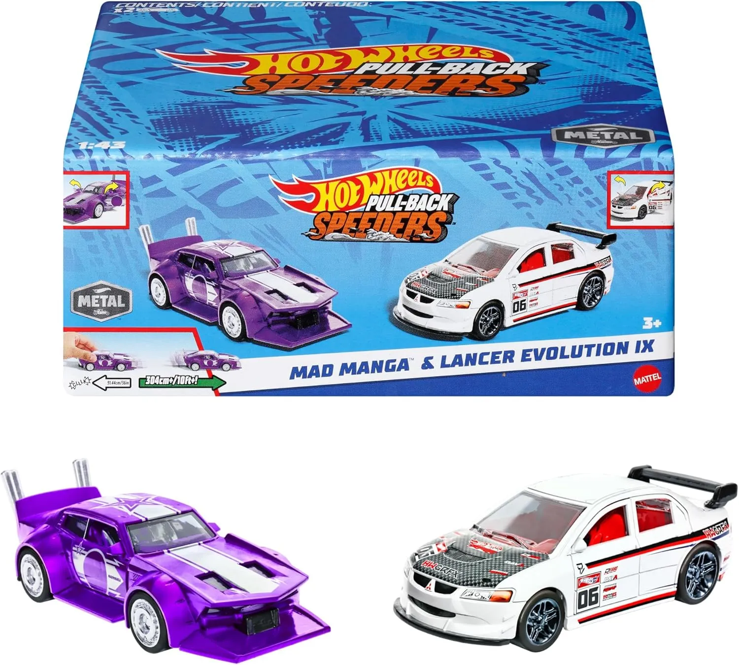 Hot Wheels Pull-Back Speeders Set of 2 Toy Cars in 1:43 Scale, Pull Cars Backward & Release, High-Performance, Collectible, with Rolomatic Engine or Door or Hood That Opens​​​​ (Amazon Exclusive)