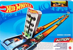 Hot Wheels Toy Car Track Set, Drag Strip Champion Playset & 1:64 Scale Car, Head-to-Head Racing, Connects to Other Sets