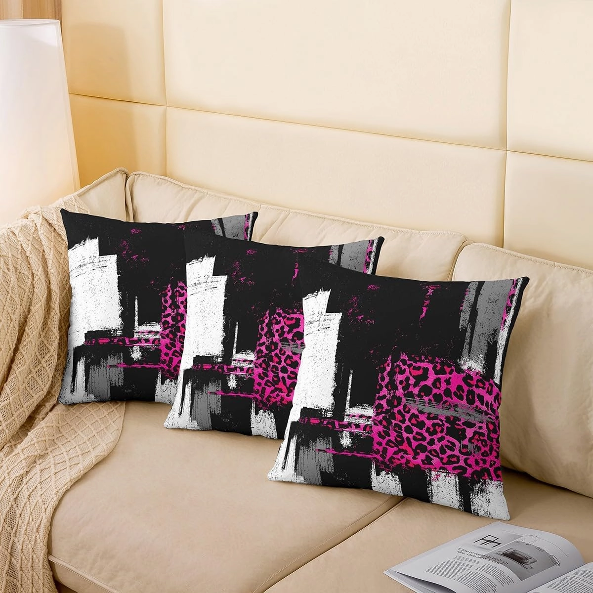 Hot Pink Black Cushion Case Set of 2 Abstract Modern Throw Pillow Covers Boys Girls Teens Room Decor Leopard Animals Decor Pillowcase 18 x 18-Inch Buffalo Check Zipper Soft Lightweight Microfiber