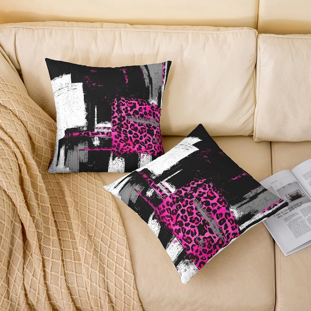 Hot Pink Black Cushion Case Set of 2 Abstract Modern Throw Pillow Covers Boys Girls Teens Room Decor Leopard Animals Decor Pillowcase 18 x 18-Inch Buffalo Check Zipper Soft Lightweight Microfiber