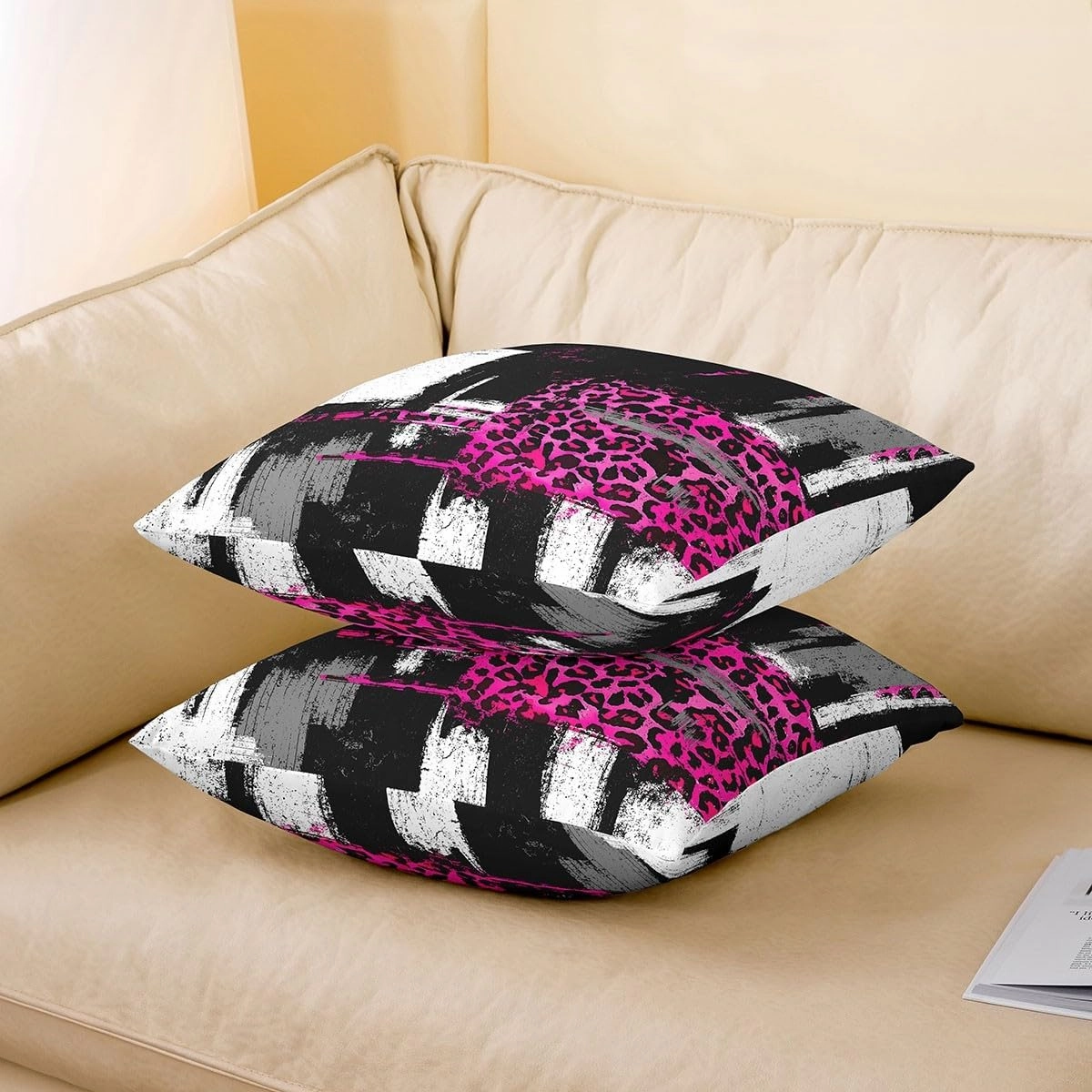 Hot Pink Black Cushion Case Set of 2 Abstract Modern Throw Pillow Covers Boys Girls Teens Room Decor Leopard Animals Decor Pillowcase 18 x 18-Inch Buffalo Check Zipper Soft Lightweight Microfiber