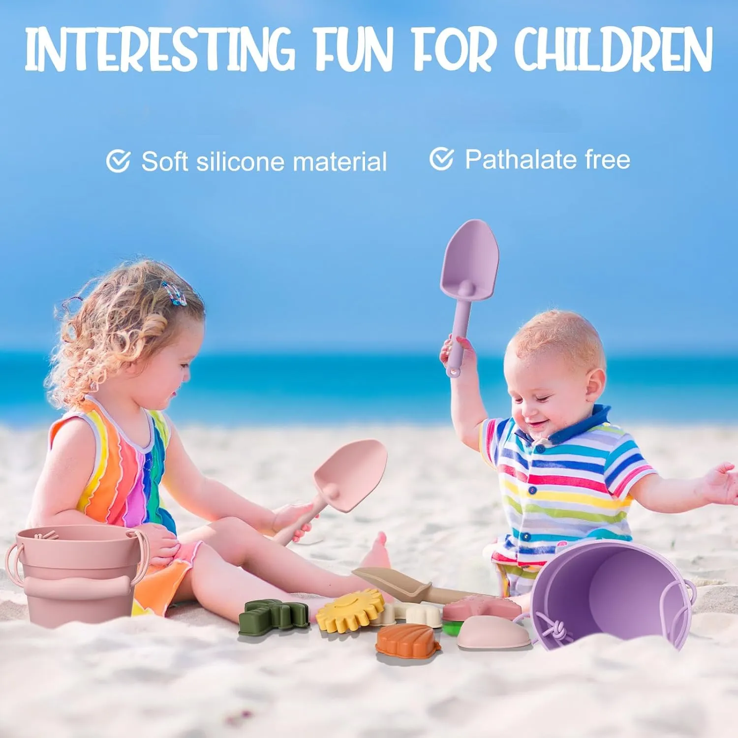 Hungdao 14 Pcs Silicone Beach Toys Travel Beach Set Sand Toys Include 2 Silicone Bucket Pail, 2 Shovel, 9 Sand Molds, 1 Beach Bag for Boys Girls Summer Pool Outdoor Bath Toys (Pink, Purple)