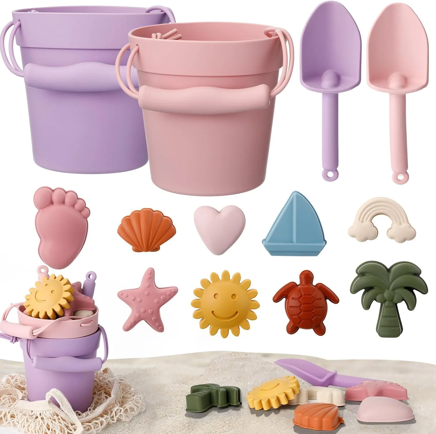 Hungdao 14 Pcs Silicone Beach Toys Travel Beach Set Sand Toys Include 2 Silicone Bucket Pail, 2 Shovel, 9 Sand Molds, 1 Beach Bag for Boys Girls Summer Pool Outdoor Bath Toys (Pink, Purple)
