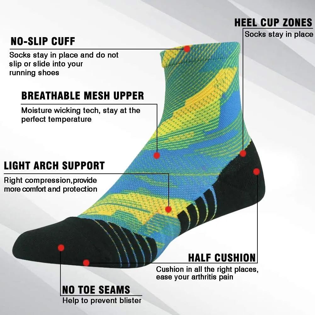 HUSO Mens Womens Quick Dry Striped Print Running Hiking Athletic Quarter Ankle Socks 3, 4, 6 Pairs