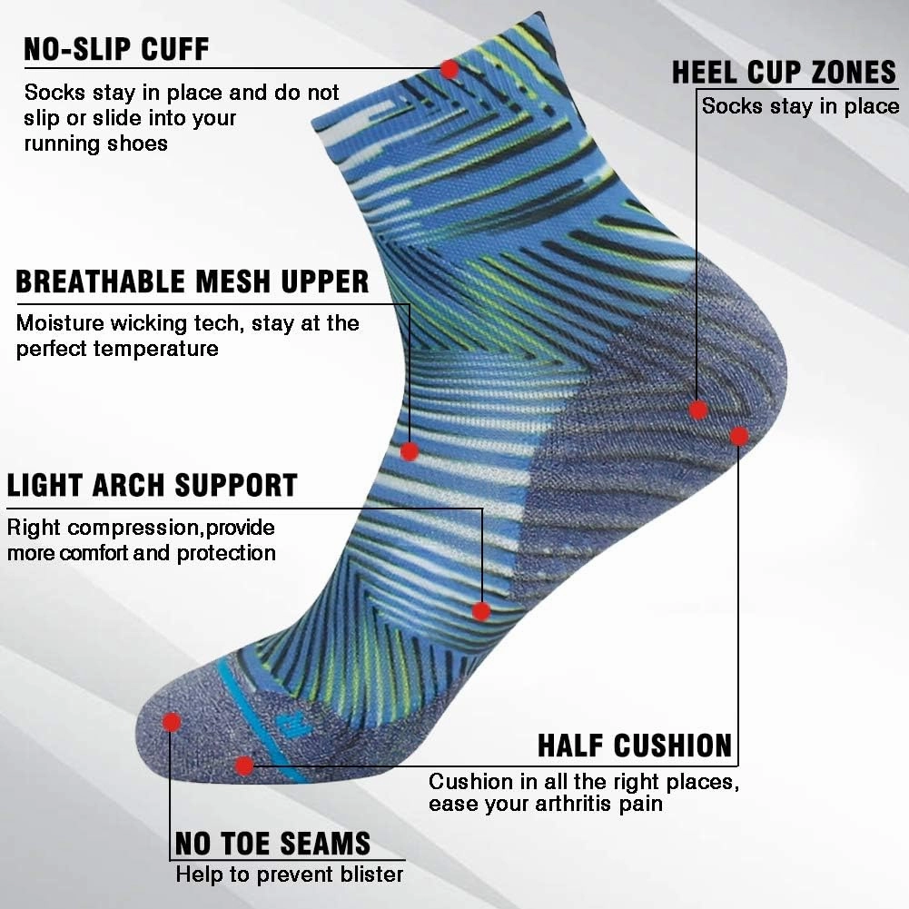 HUSO Mens Womens Quick Dry Striped Print Running Hiking Athletic Quarter Ankle Socks 3, 4, 6 Pairs