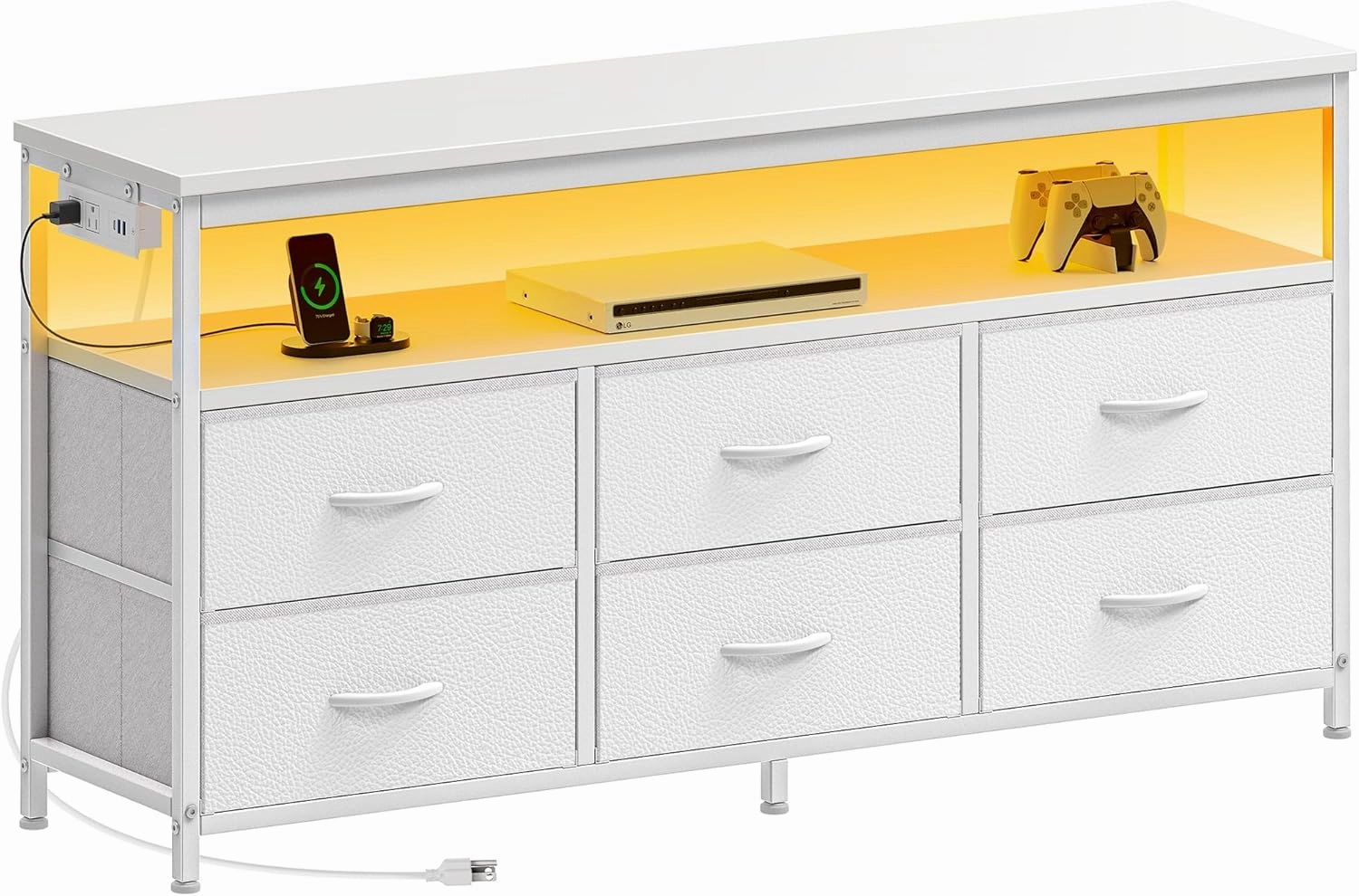 Huuger LED TV Stand for Bedroom, 47 Inch Fabric Dresser with Power Outlets, Entertainment Center for 55, 50, 43 Inch TV, 6 Drawer Dresser for Bedroom, Chest of Drawers with Shelf, PU Leather, White