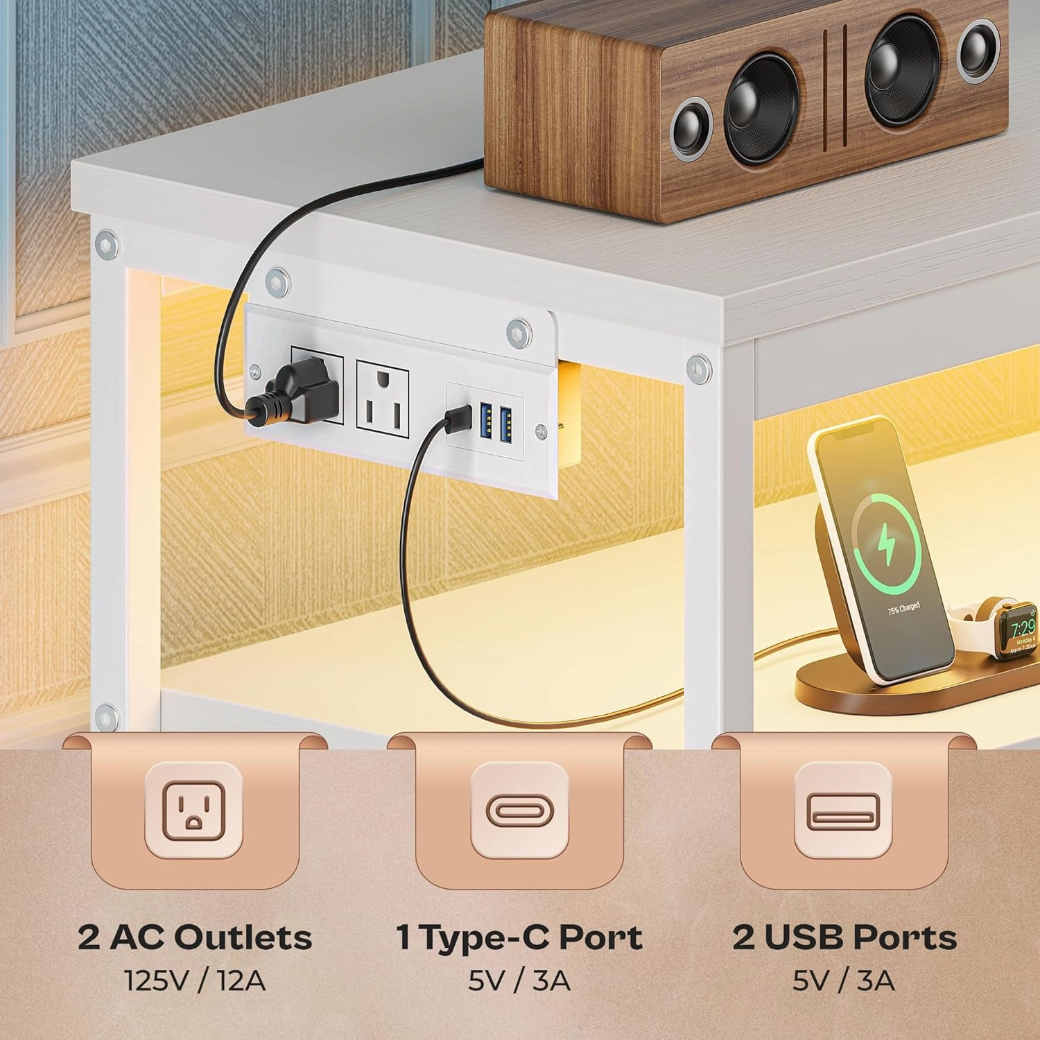 Huuger LED TV Stand for Bedroom, 47 Inch Fabric Dresser with Power Outlets, Entertainment Center for 55, 50, 43 Inch TV, 6 Drawer Dresser for Bedroom, Chest of Drawers with Shelf, PU Leather, White