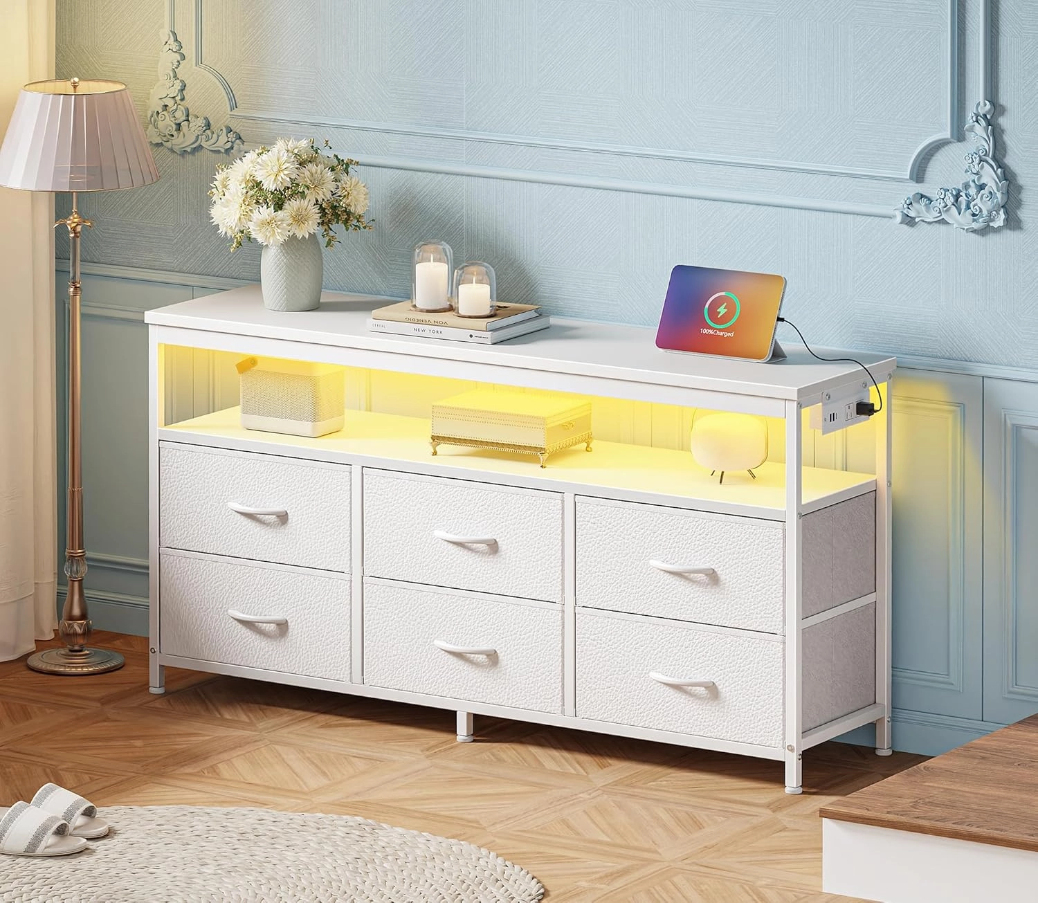 Huuger LED TV Stand for Bedroom, 47 Inch Fabric Dresser with Power Outlets, Entertainment Center for 55, 50, 43 Inch TV, 6 Drawer Dresser for Bedroom, Chest of Drawers with Shelf, PU Leather, White
