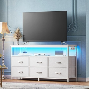 Huuger LED TV Stand for Bedroom, 47 Inch Fabric Dresser with Power Outlets, Entertainment Center for 55, 50, 43 Inch TV, 6 Drawer Dresser for Bedroom, Chest of Drawers with Shelf, PU Leather, White
