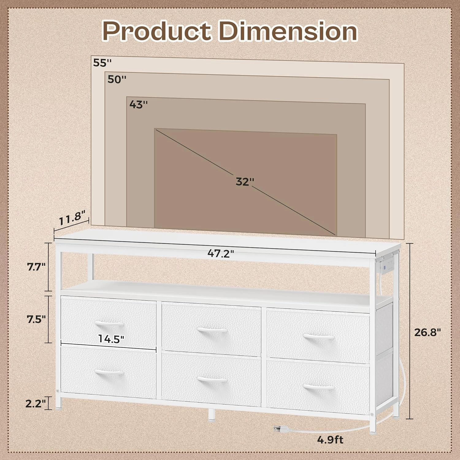Huuger LED TV Stand for Bedroom, 47 Inch Fabric Dresser with Power Outlets, Entertainment Center for 55, 50, 43 Inch TV, 6 Drawer Dresser for Bedroom, Chest of Drawers with Shelf, PU Leather, White