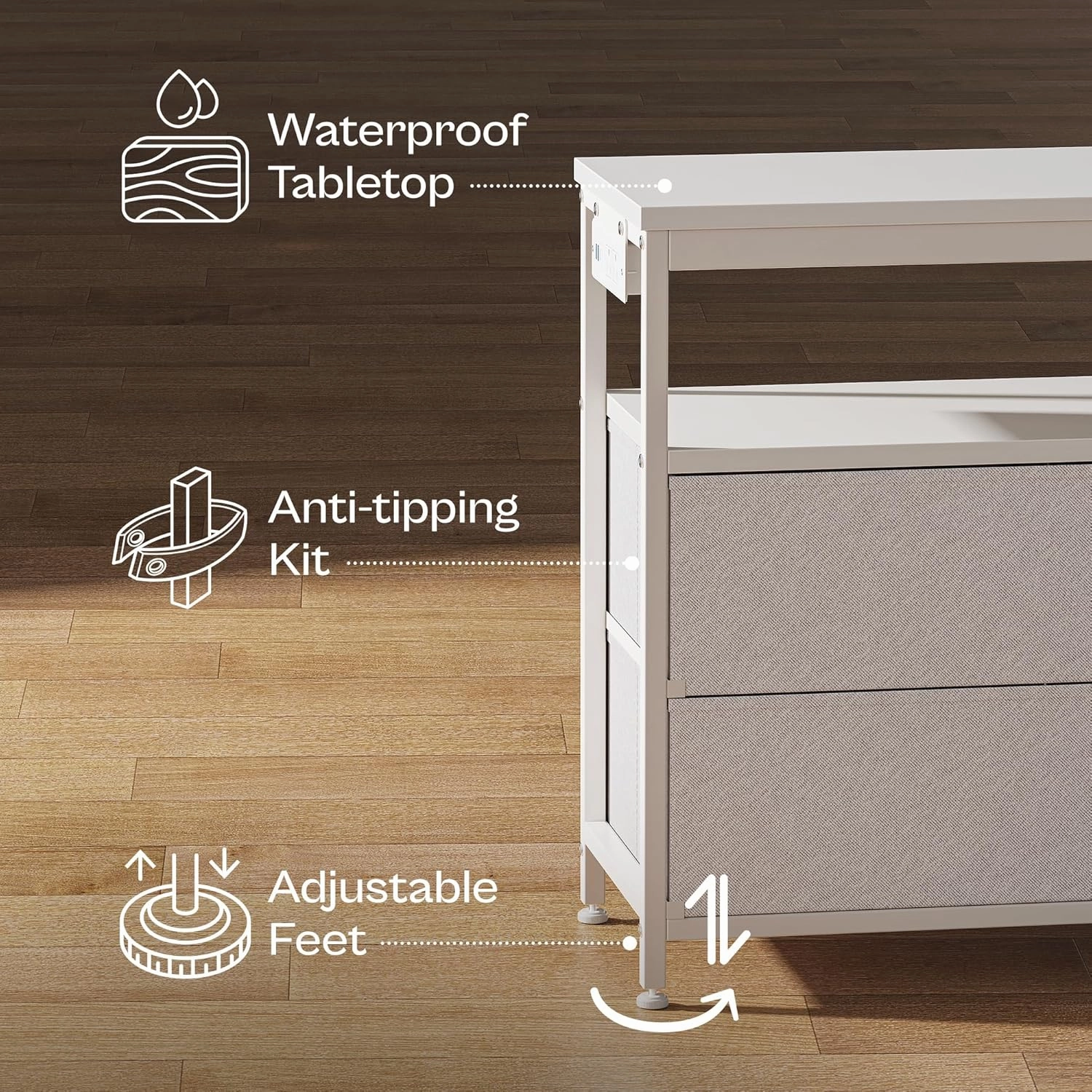 Huuger LED TV Stand for Bedroom, 47 Inch Fabric Dresser with Power Outlets, Entertainment Center for 55, 50, 43 Inch TV, 6 Drawer Dresser for Bedroom, Chest of Drawers with Shelf, PU Leather, White