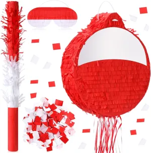 HyDren Fishing Bobber Piñata Decorations 13.6 Inch Red White Bobber Piñata with Stick Confetti and Blindfold Bundle for Fishing Birthday Party Favors Baby Shower Photo Props Centerpiece Hanging Decors