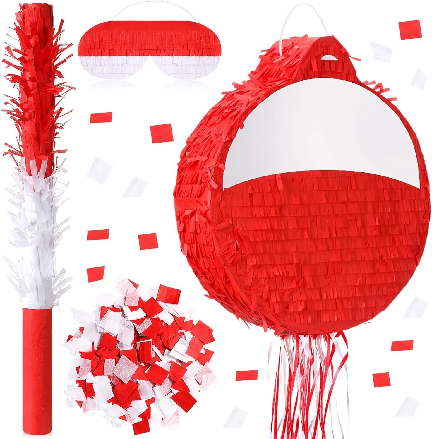 HyDren Fishing Bobber Piñata Decorations 13.6 Inch Red White Bobber Piñata with Stick Confetti and Blindfold Bundle for Fishing Birthday Party Favors Baby Shower Photo Props Centerpiece Hanging Decors