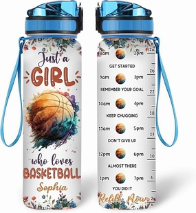 Hyturtle Personalized Basketball Lovers 32 Oz 1Liter Motivational Water Bottle With Time Marker, Just A Girl Who Loves Basketball, Sport Lovers Gifts For Women, Girl, Player On Birthday, Christmas