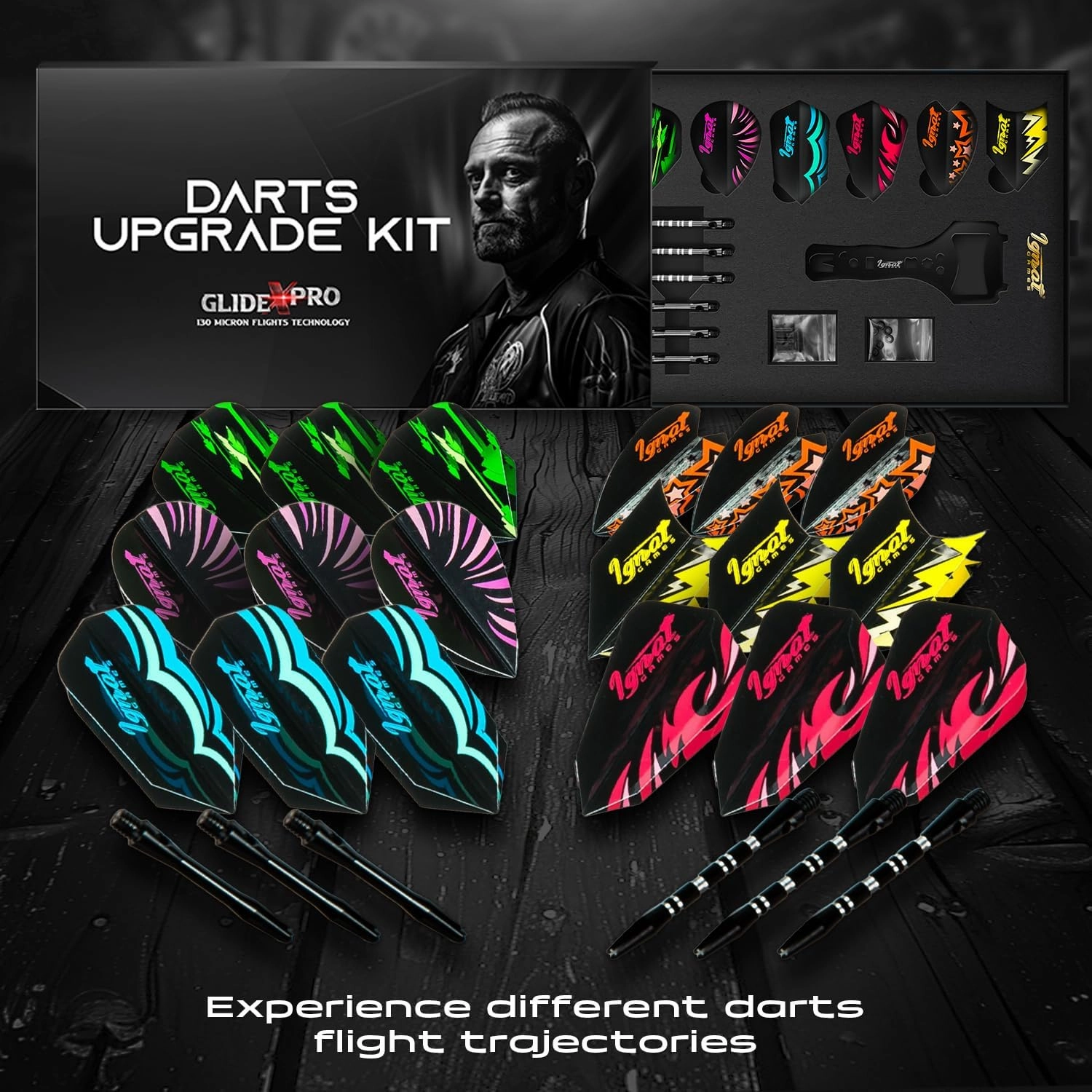 IgnatGames Dart Flights and Accessories - Sets of 18/30 Different Shapes GlideXPro 130 Micron Thick Flights and 6 Flights Protectors, Darts Accessories Kit