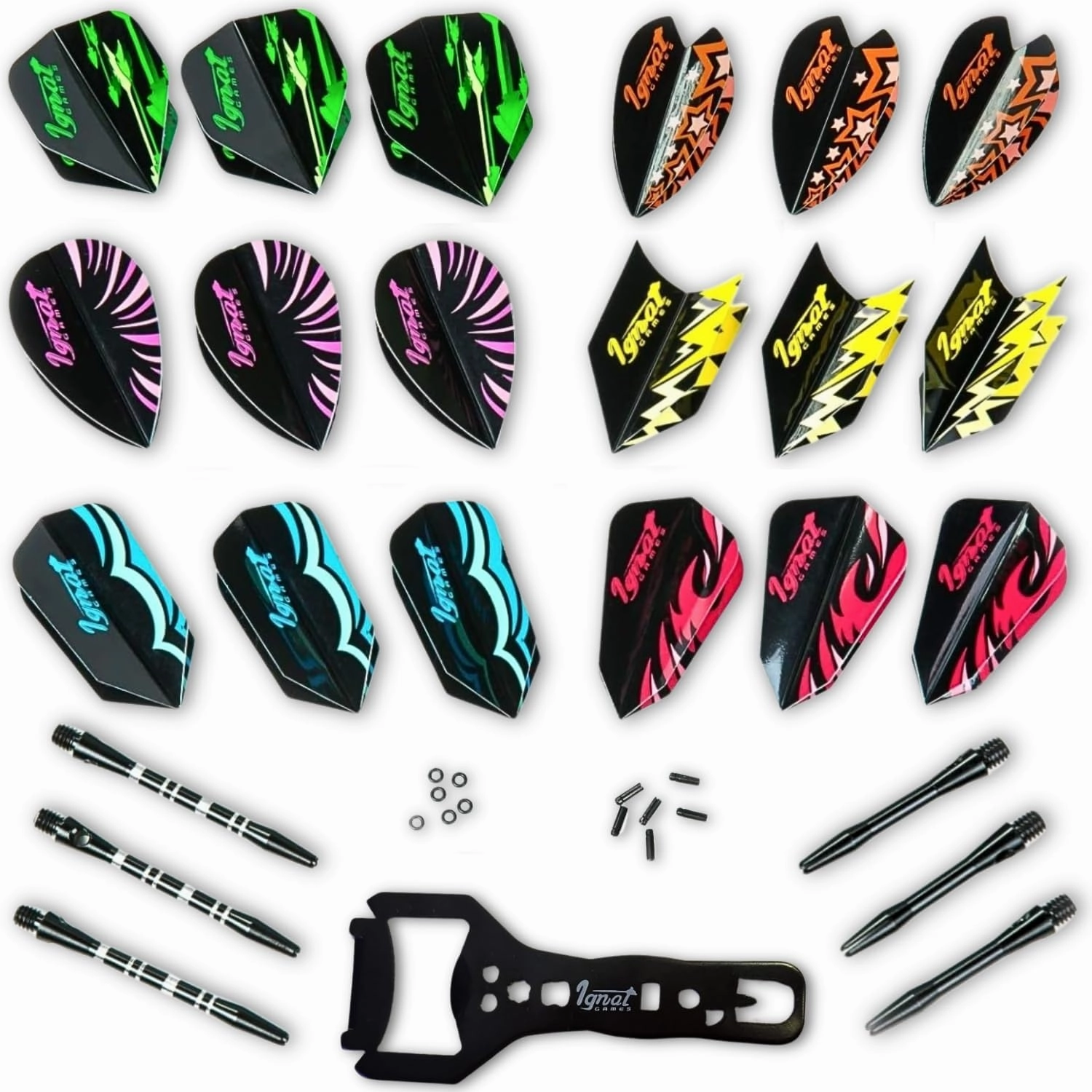 IgnatGames Dart Flights and Accessories - Sets of 18/30 Different Shapes GlideXPro 130 Micron Thick Flights and 6 Flights Protectors, Darts Accessories Kit