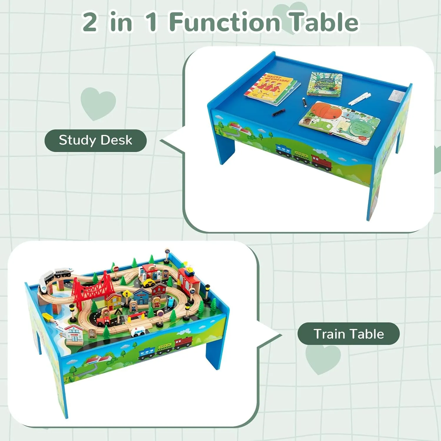 INFANS Train Table, 80 Pieces Wooden Kids Activity Toy Table Playset with Reversible Detachable Tabletop, Tracks, Train, Railway, City, Gift for Toddler Boys Girls Ages 3  (32.5" x 23.5" x 16")