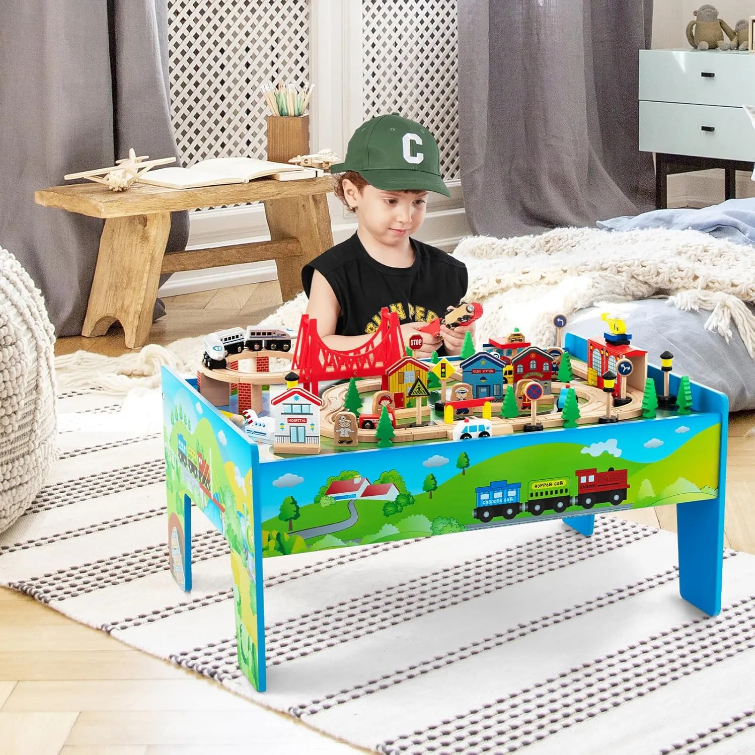 INFANS Train Table, 80 Pieces Wooden Kids Activity Toy Table Playset with Reversible Detachable Tabletop, Tracks, Train, Railway, City, Gift for Toddler Boys Girls Ages 3  (32.5" x 23.5" x 16")