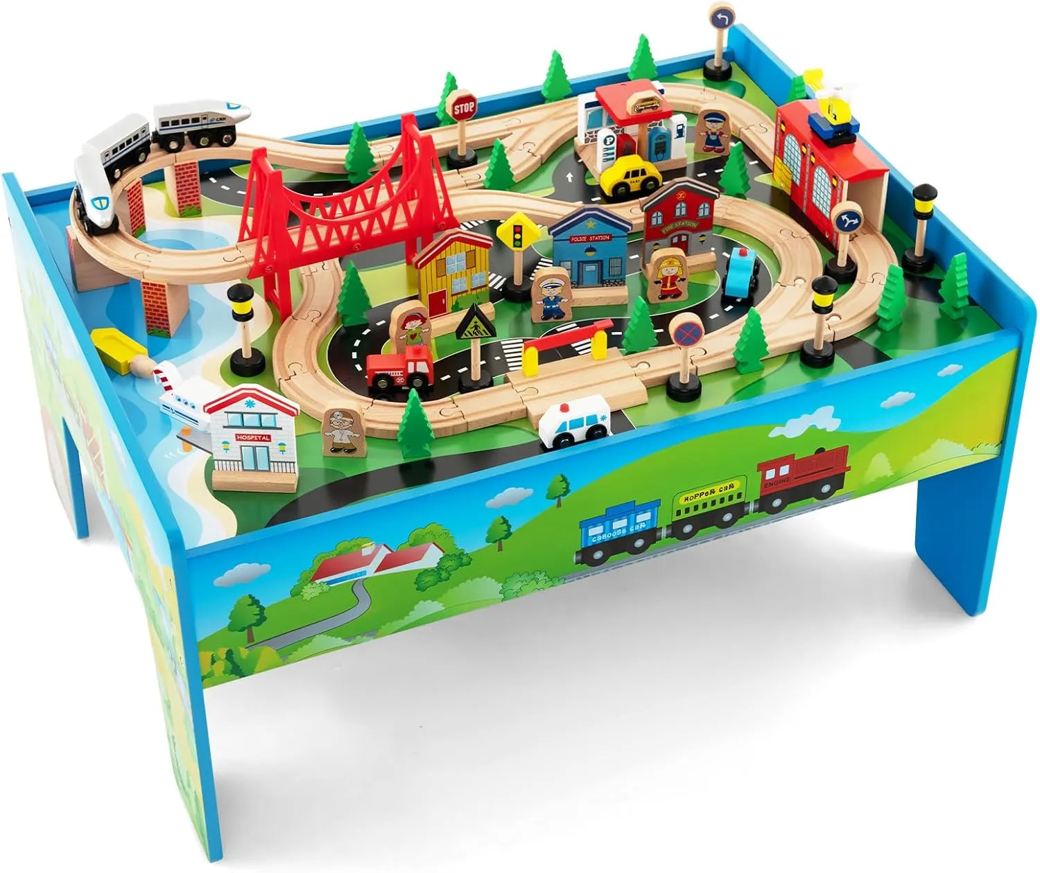 INFANS Train Table, 80 Pieces Wooden Kids Activity Toy Table Playset with Reversible Detachable Tabletop, Tracks, Train, Railway, City, Gift for Toddler Boys Girls Ages 3  (32.5" x 23.5" x 16")