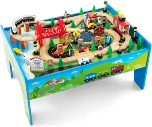 INFANS Train Table, 80 Pieces Wooden Kids Activity Toy Table Playset with Reversible Detachable Tabletop, Tracks, Train, Railway, City, Gift for Toddler Boys Girls Ages 3  (32.5" x 23.5" x 16")
