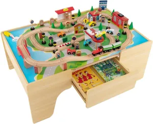 INFANS Train Table, 84 Pieces Wooden Kids Activity Toy Table Playset with Reversible Detachable Tabletop, Tracks, Train, Railway, City, Gift for Toddler Boys Girls Ages 3  (38” x 24.5” x 15.5”)