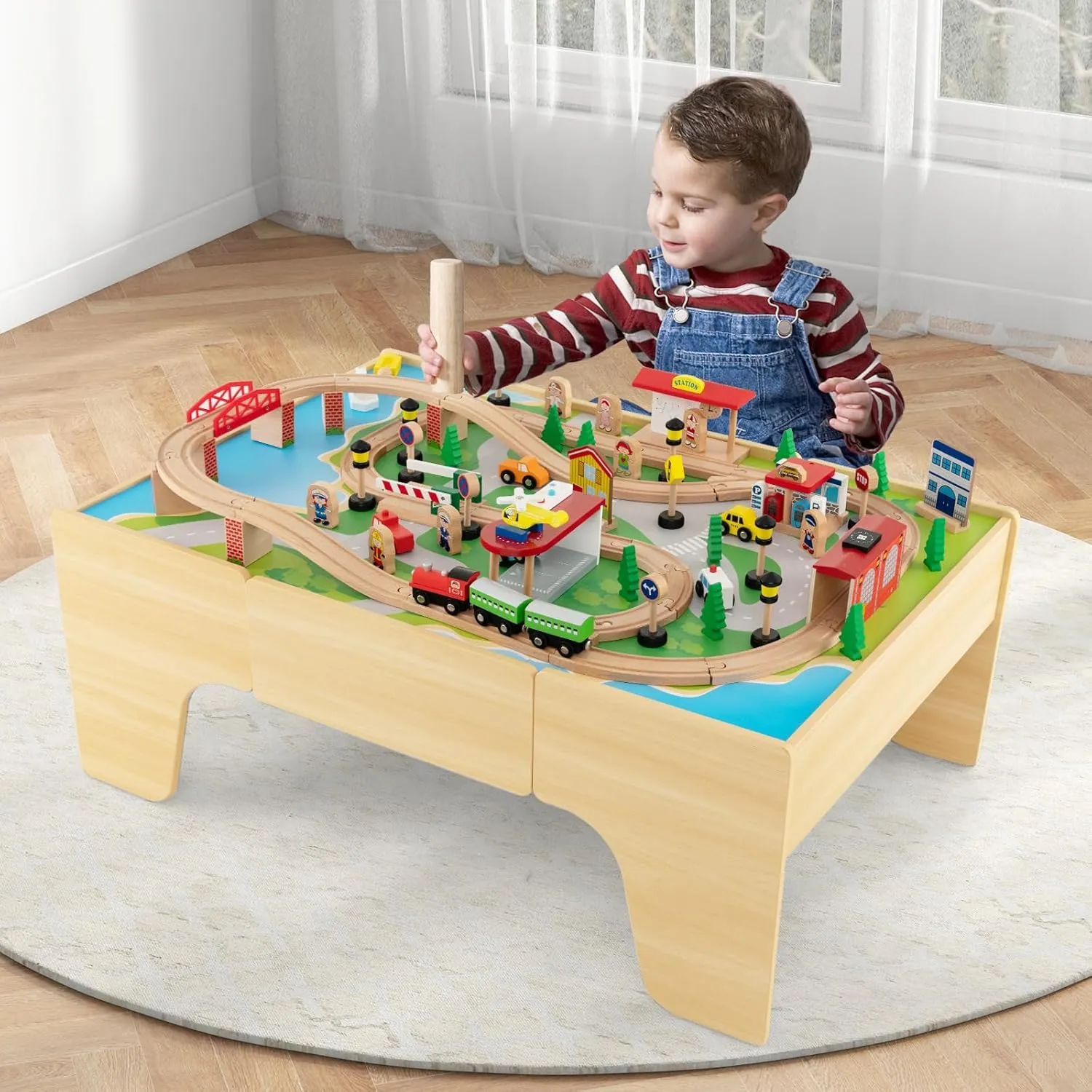 INFANS Train Table, 84 Pieces Wooden Kids Activity Toy Table Playset with Reversible Detachable Tabletop, Tracks, Train, Railway, City, Gift for Toddler Boys Girls Ages 3  (38” x 24.5” x 15.5”)
