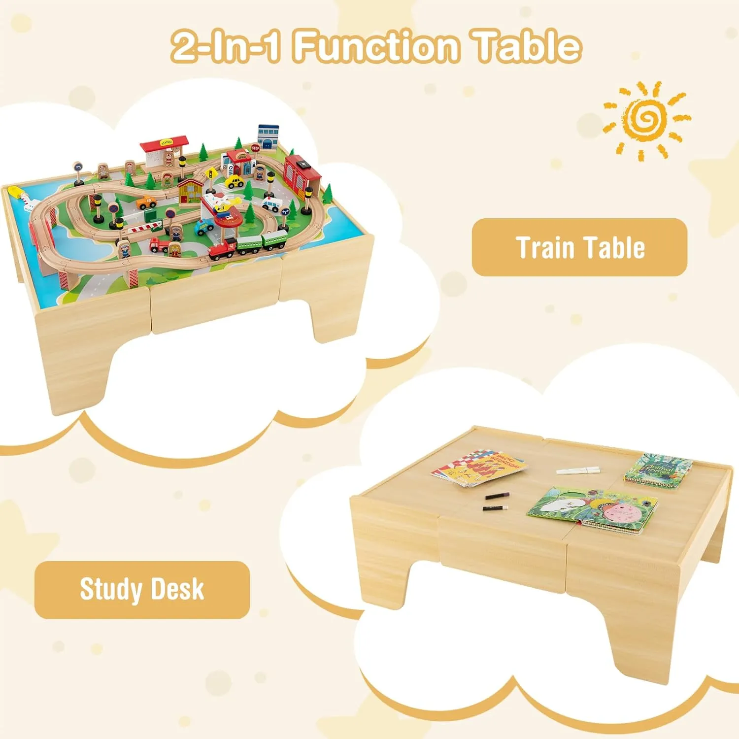 INFANS Train Table, 84 Pieces Wooden Kids Activity Toy Table Playset with Reversible Detachable Tabletop, Tracks, Train, Railway, City, Gift for Toddler Boys Girls Ages 3  (38” x 24.5” x 15.5”)