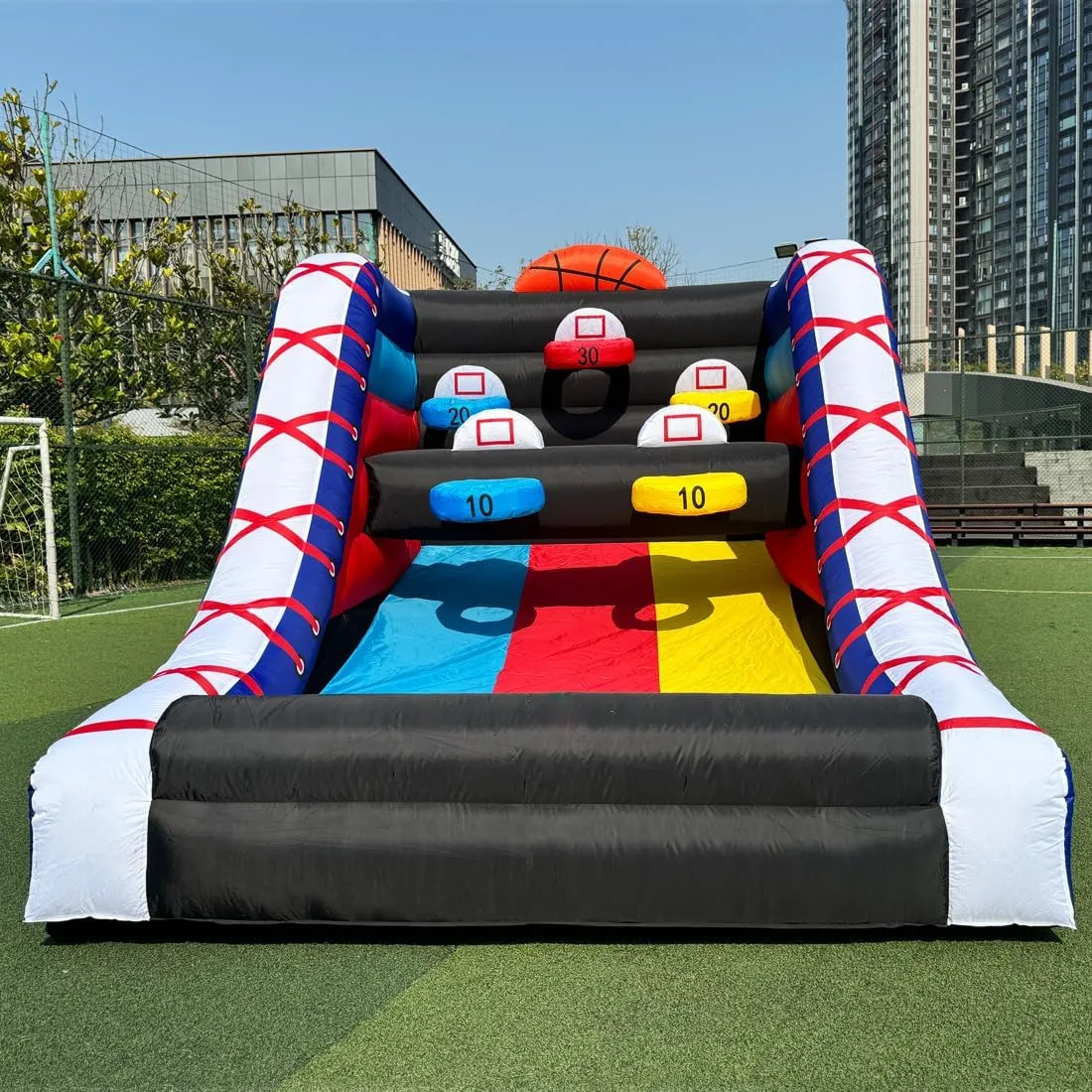 Inflatable Basketball Hoop Shot Inflatable Party Basketball Game | 10' L x 13' W x 10' H | with 5 Hoops, 4 Balls, Air Blower, Stakes for Birthday Parties, Lawn Games, School Events