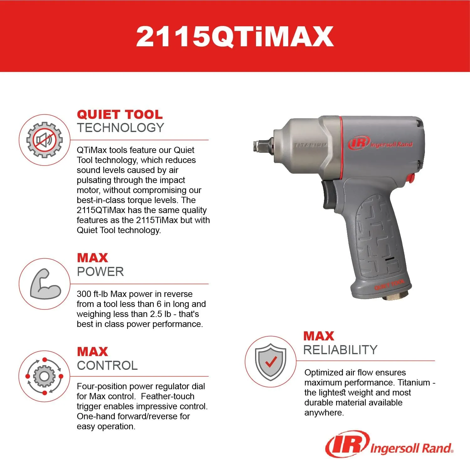 Ingersoll Rand 2115QTiMAX 3/8” Drive Air Impact Wrench, Quiet Tool, Lightweight 2.5 lb Design, Powerful Reverse Torque Output Up to 300 ft lbs, 7 Vane Motor, Max Control, Gray