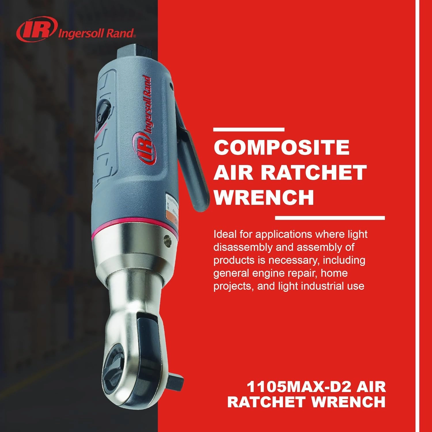 Ingersoll Rand 1105MAX-D2 1/4" Mini Composite Air Ratchet Wrench, 30 ft-lbs Max Torque Output, 300 RPM, Comfort Grip, Lightweight, Low Profile Forward / Reverse Control