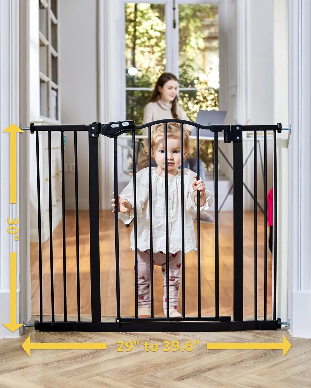 InnoTruth 29-39.6” Baby Gate for Stairs & Doorways, 30" Tall Pressure Mount Pet Gates, Easy Step Auto Close Both Sides Walk Thru Child Gate, Dual-Lock Safety Design and One-Hand Operation, Black