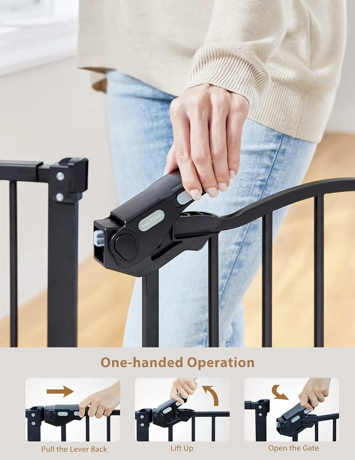 InnoTruth 29-39.6” Baby Gate for Stairs & Doorways, 30" Tall Pressure Mount Pet Gates, Easy Step Auto Close Both Sides Walk Thru Child Gate, Dual-Lock Safety Design and One-Hand Operation, Black