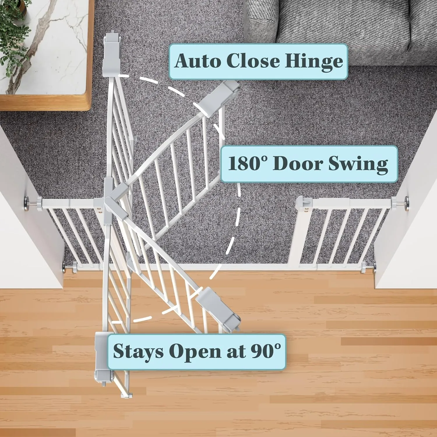 InnoTruth 29-39.6" Baby Gate for Stairs, Auto Close Both Sides Dog Gate with One-Hand Opening, 30" Tall Safety Gates for Pets, Hallways, Bedrooms, Wall Pressure Mount No Drill, White