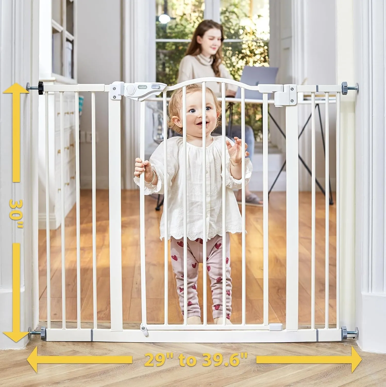 InnoTruth 29-39.6" Baby Gate for Stairs, Auto Close Both Sides Dog Gate with One-Hand Opening, 30" Tall Safety Gates for Pets, Hallways, Bedrooms, Wall Pressure Mount No Drill, White