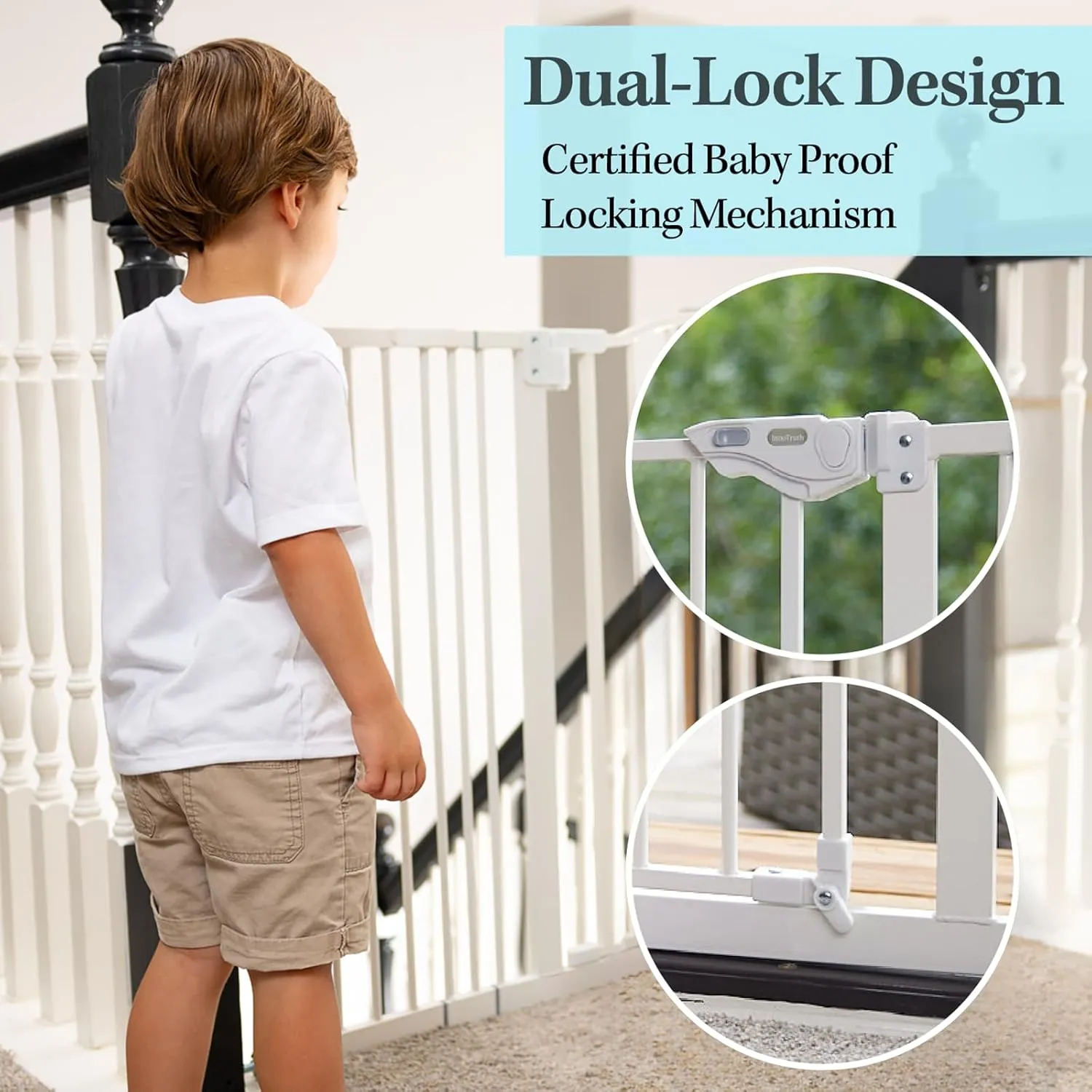 InnoTruth 29-39.6" Baby Gate for Stairs, Auto Close Both Sides Dog Gate with One-Hand Opening, 30" Tall Safety Gates for Pets, Hallways, Bedrooms, Wall Pressure Mount No Drill, White