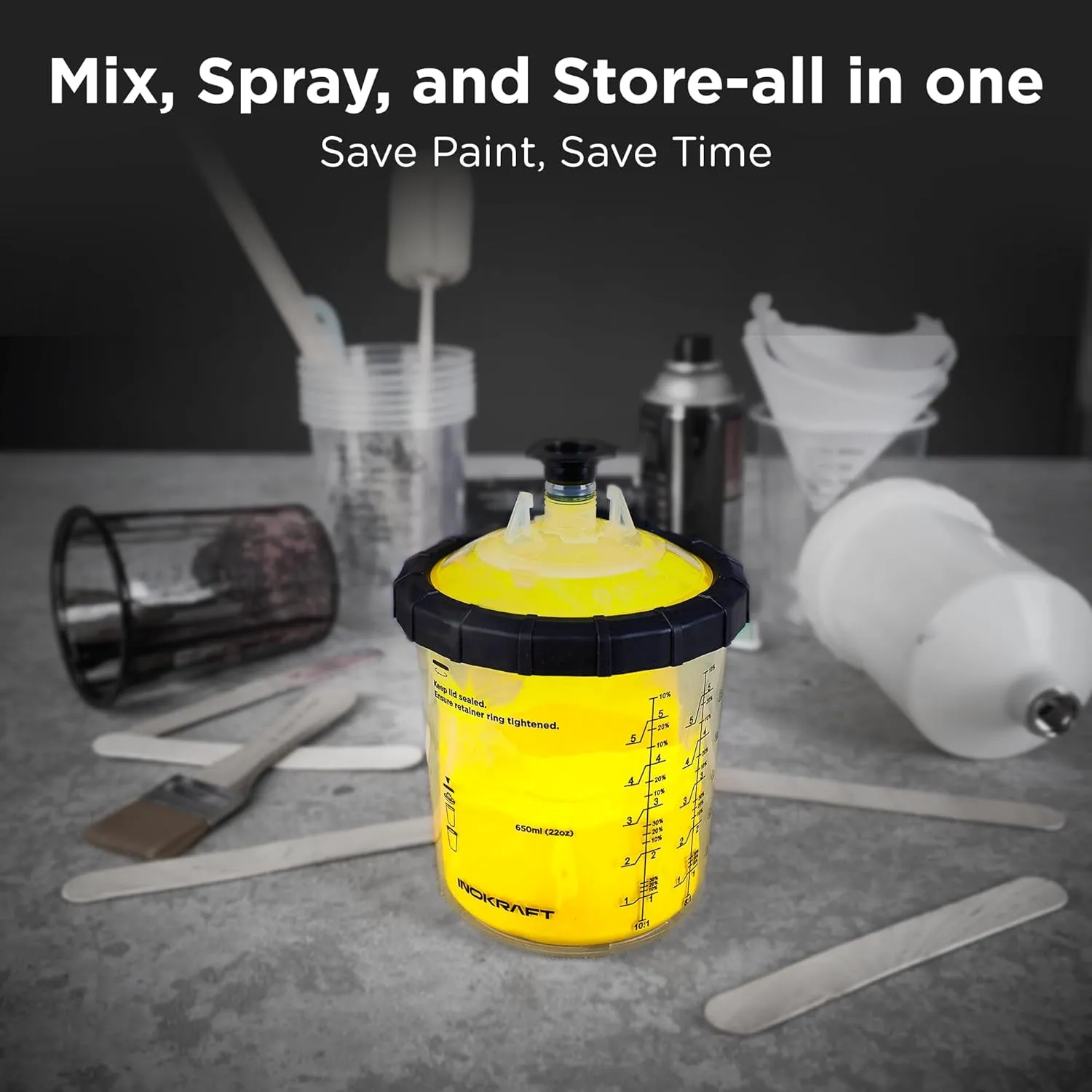 InoKraft Disposable Paint Spray Gun Cup, Paint System for HVLP and LVLP Paint Spray Paint Gun, Standard 22 Ounce (650ml) Kit with 45 Cups and Lids System, 1 Hard Cup with Retainer Ring and 20 Plugs