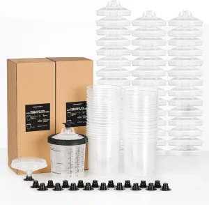 InoKraft Disposable Paint Spray Gun Cup, Paint System for HVLP and LVLP Paint Spray Paint Gun, Standard 22 Ounce (650ml) Kit with 45 Cups and Lids System, 1 Hard Cup with Retainer Ring and 20 Plugs