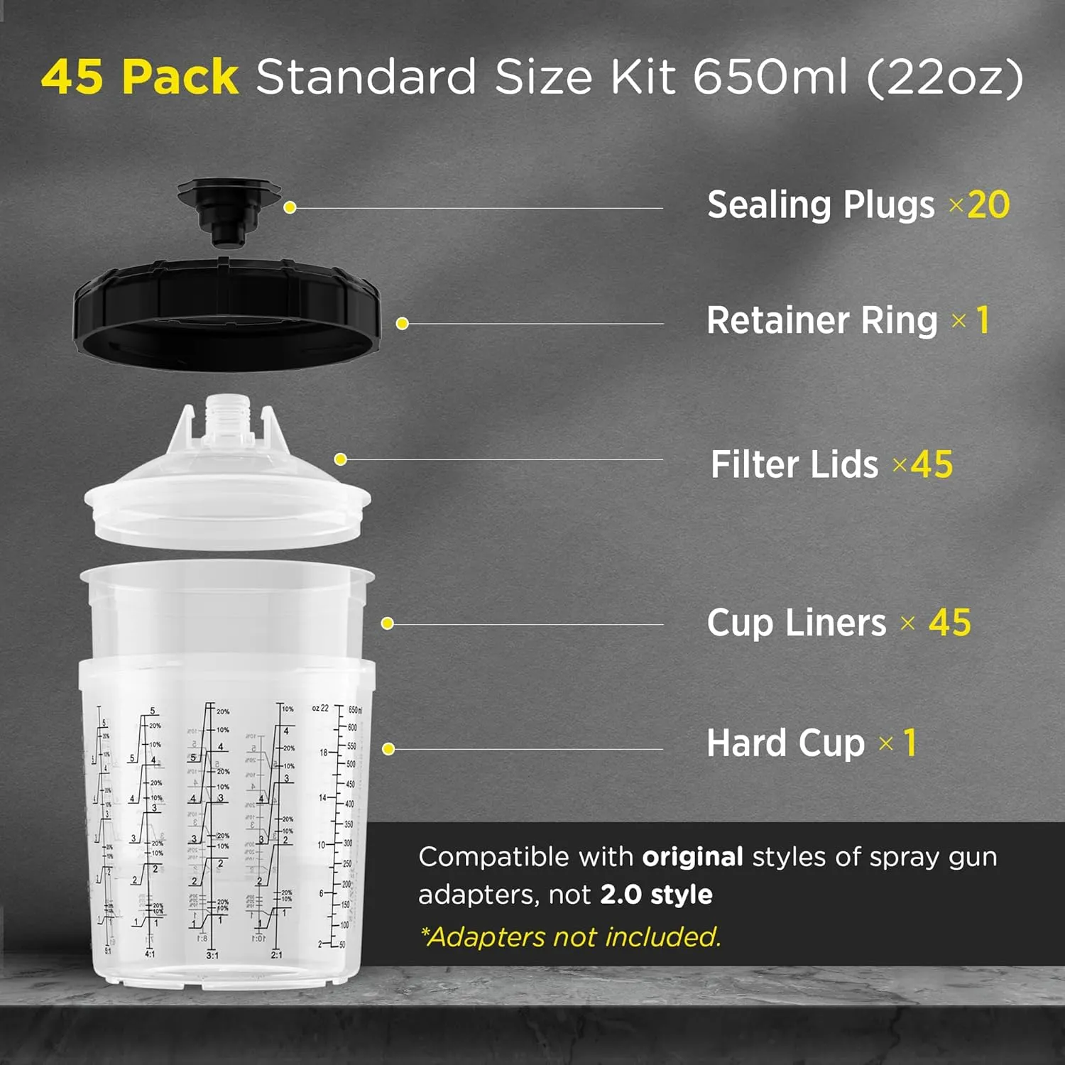 InoKraft Disposable Paint Spray Gun Cup, Paint System for HVLP and LVLP Paint Spray Paint Gun, Standard 22 Ounce (650ml) Kit with 45 Cups and Lids System, 1 Hard Cup with Retainer Ring and 20 Plugs