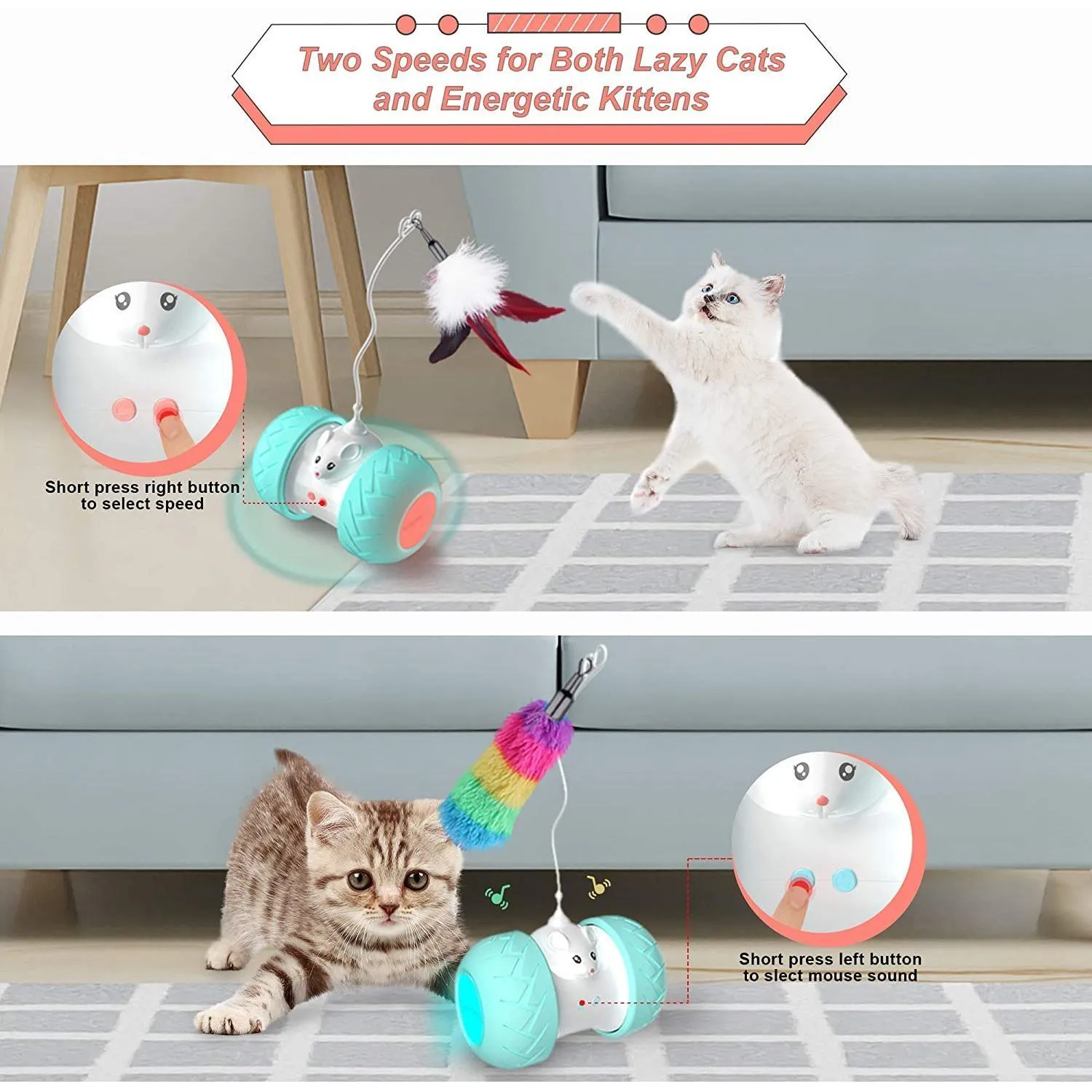 Interactive Cat Toys for Indoor Cats, Automatic Kitten Toys Electronic with Mouse and 3 Feathers for Cats to Play Alone Exercise